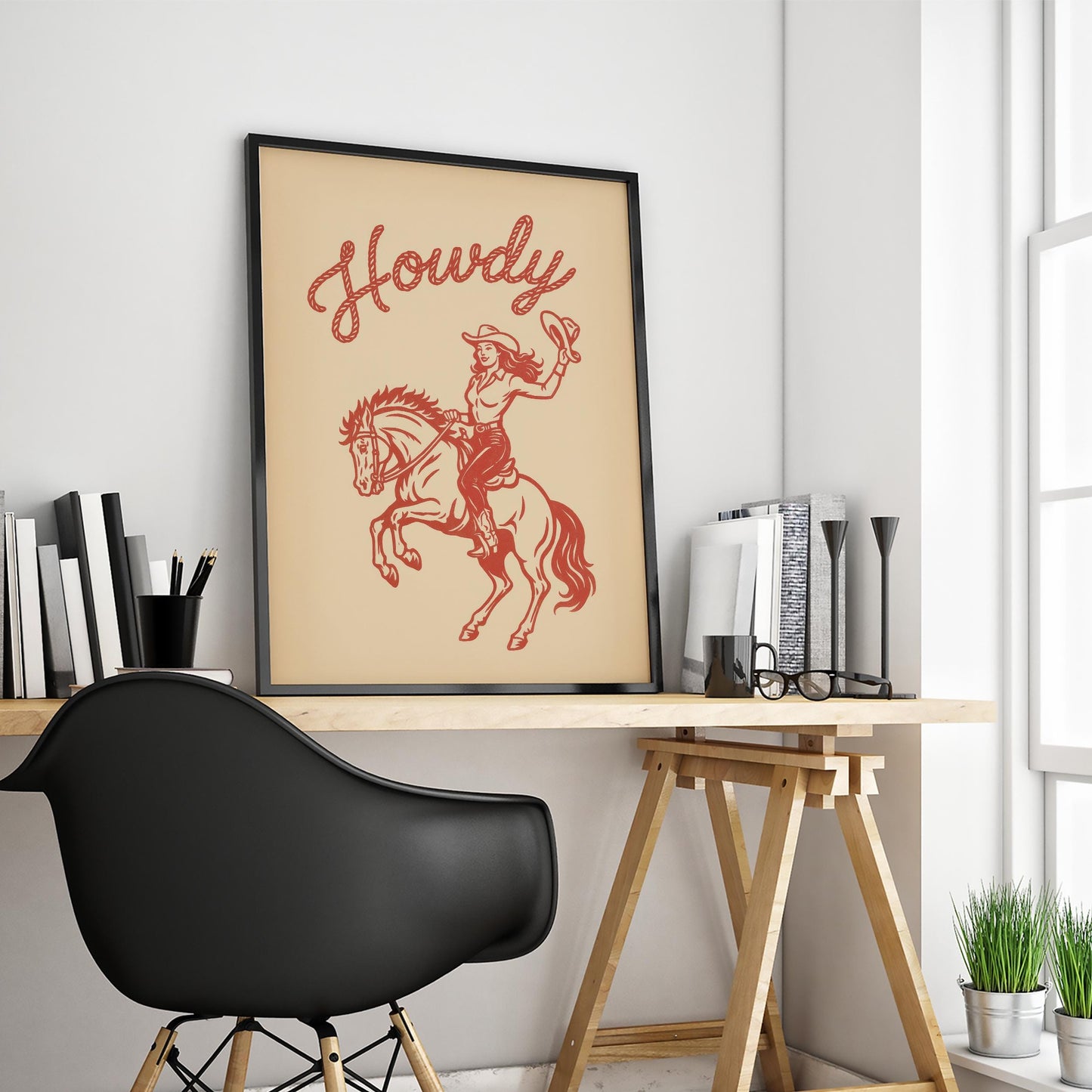 Howdy Cowgirl Wall Art – Vintage Western Female Rider Print in Red