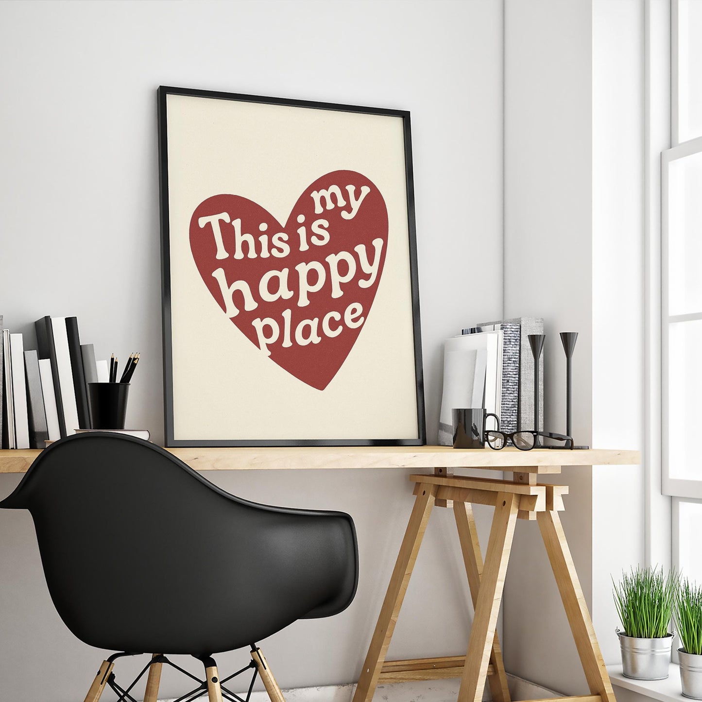 This Is My Happy Place Poster – Retro Heart Typography Print, Minimalist Wall Art