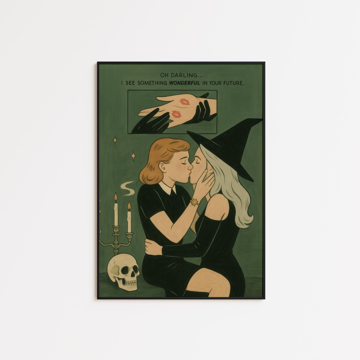 Witchy Lesbian Kiss Poster – Retro Comic Queer Love Wall Art with Occult Aesthetic