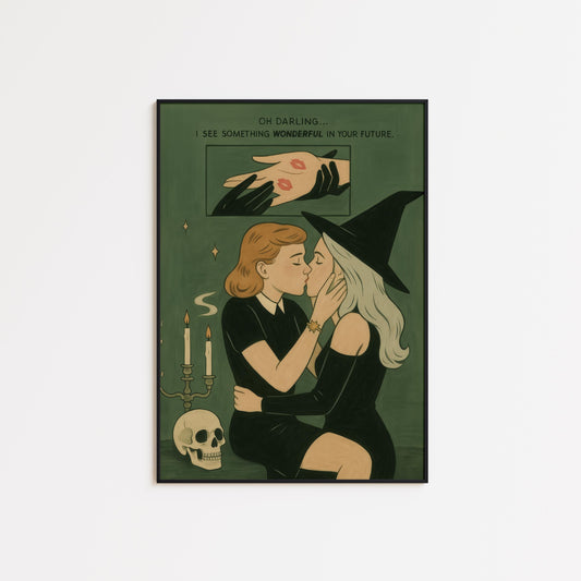 Witchy Lesbian Kiss Poster – Retro Comic Queer Love Wall Art with Occult Aesthetic