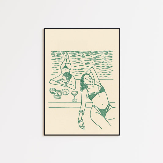 Sunbathing Women Poster – Minimal Green Line Summer Art Print