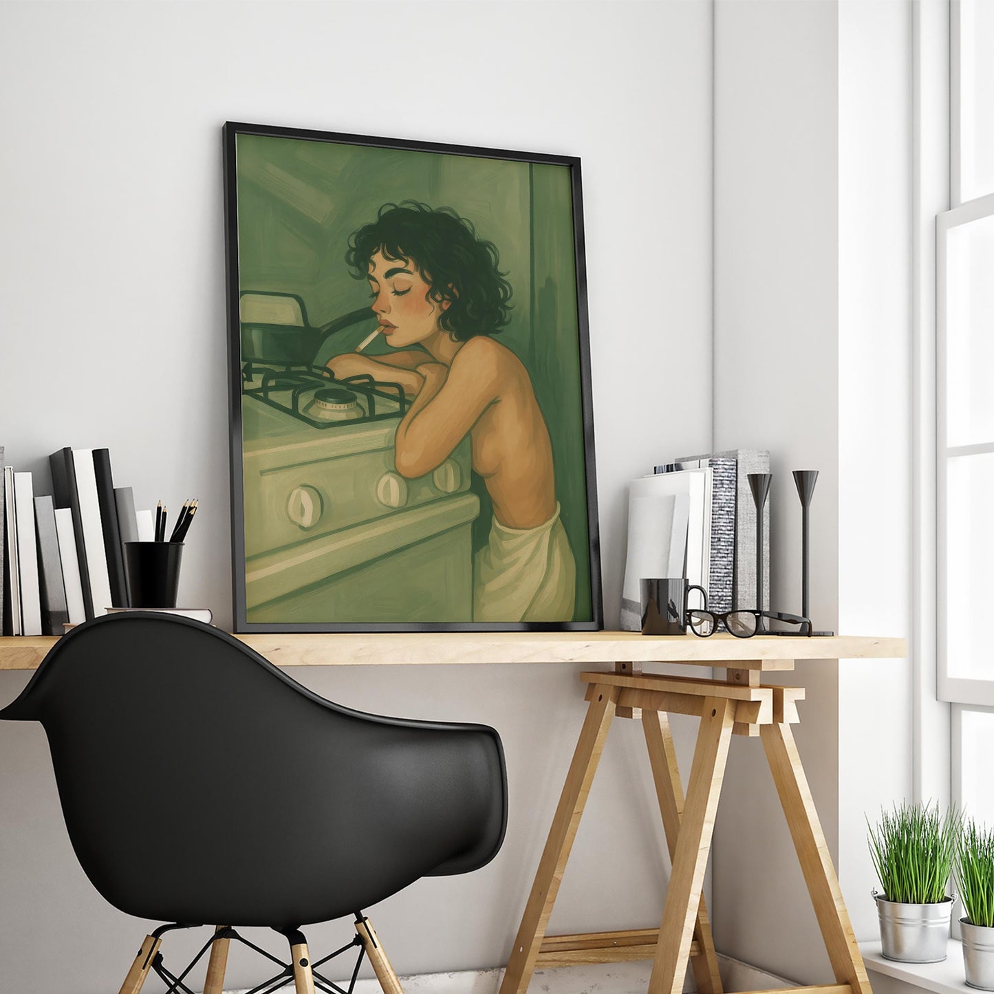 Sad Girl Poster – Moody Kitchen Art With Curly Hair Print & Feminine Soft Decor