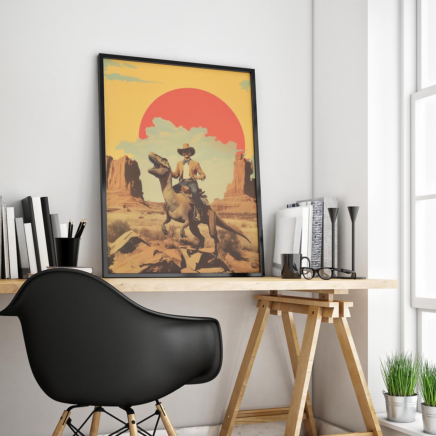 Cowboy Riding Dinosaur Poster – Retro Wild West Art Print