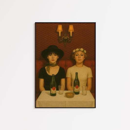 Vintage Café Poster – Retro Girls Artwork | Cinematic Wall Print for Dining Room