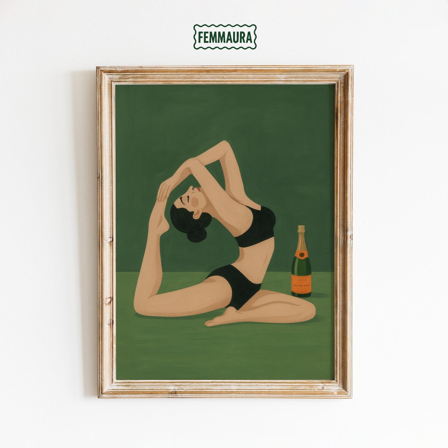 Champagne Yoga Art Print – Playful Retro Woman Poster | Green Wall Decor