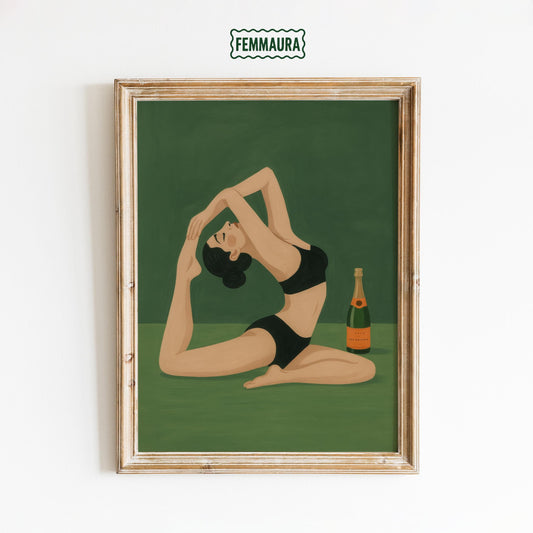 Champagne Yoga Art Print – Playful Retro Woman Poster | Green Wall Decor