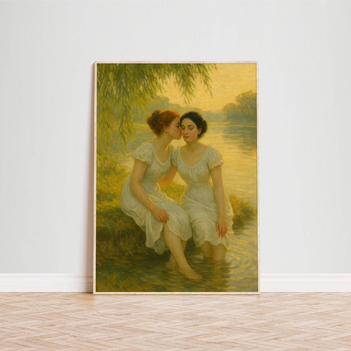 Romantic Sapphic Art – Riverbank Kiss Painting | Lesbian Fine Art Print