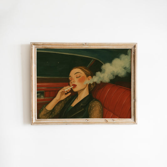 Retro Smoking Girl Art – Moody Red Interior Femme Fatale Poster Print