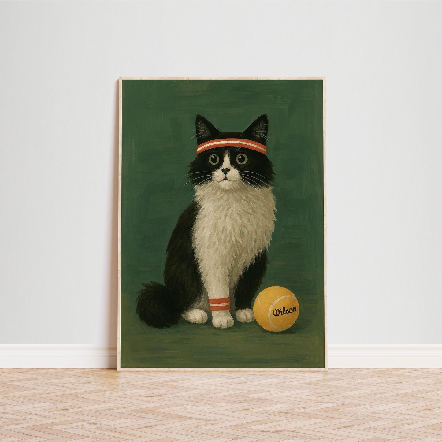 Tennis Cat Poster – Playful Gouache Cat Illustration | Vintage Sports Wall Art