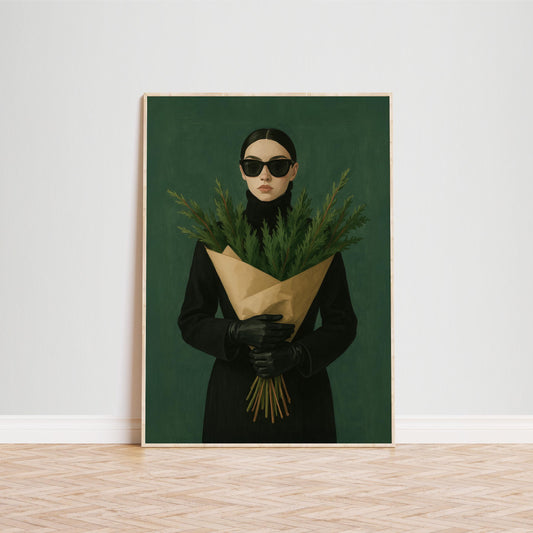 Dark Chic Holiday Poster – Minimalist Holiday Art With Greenery Bouquet Wall Art