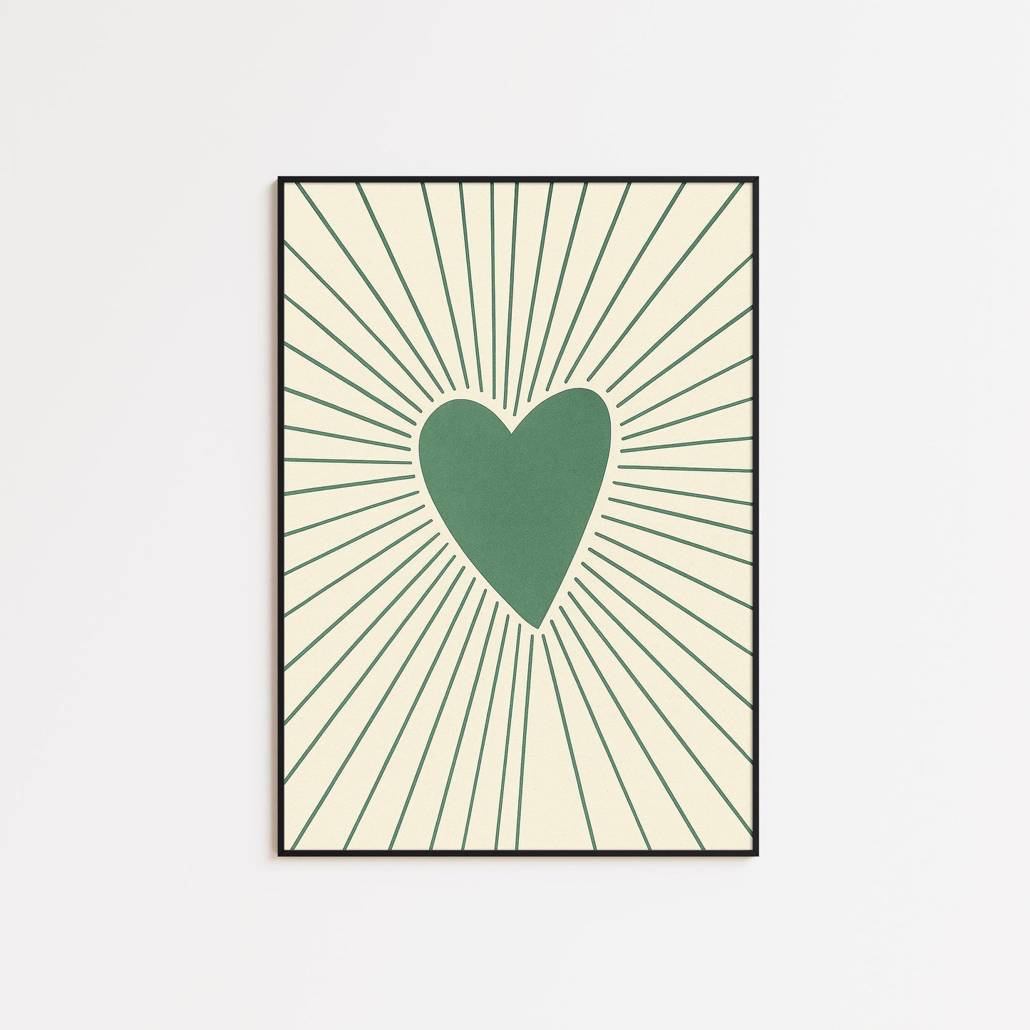Green Heart Rays Poster – Minimal Love Wall Art with Retro Lines