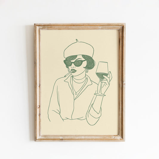 Parisian Mood Poster – Chic Woman with Wine Minimal Line Art