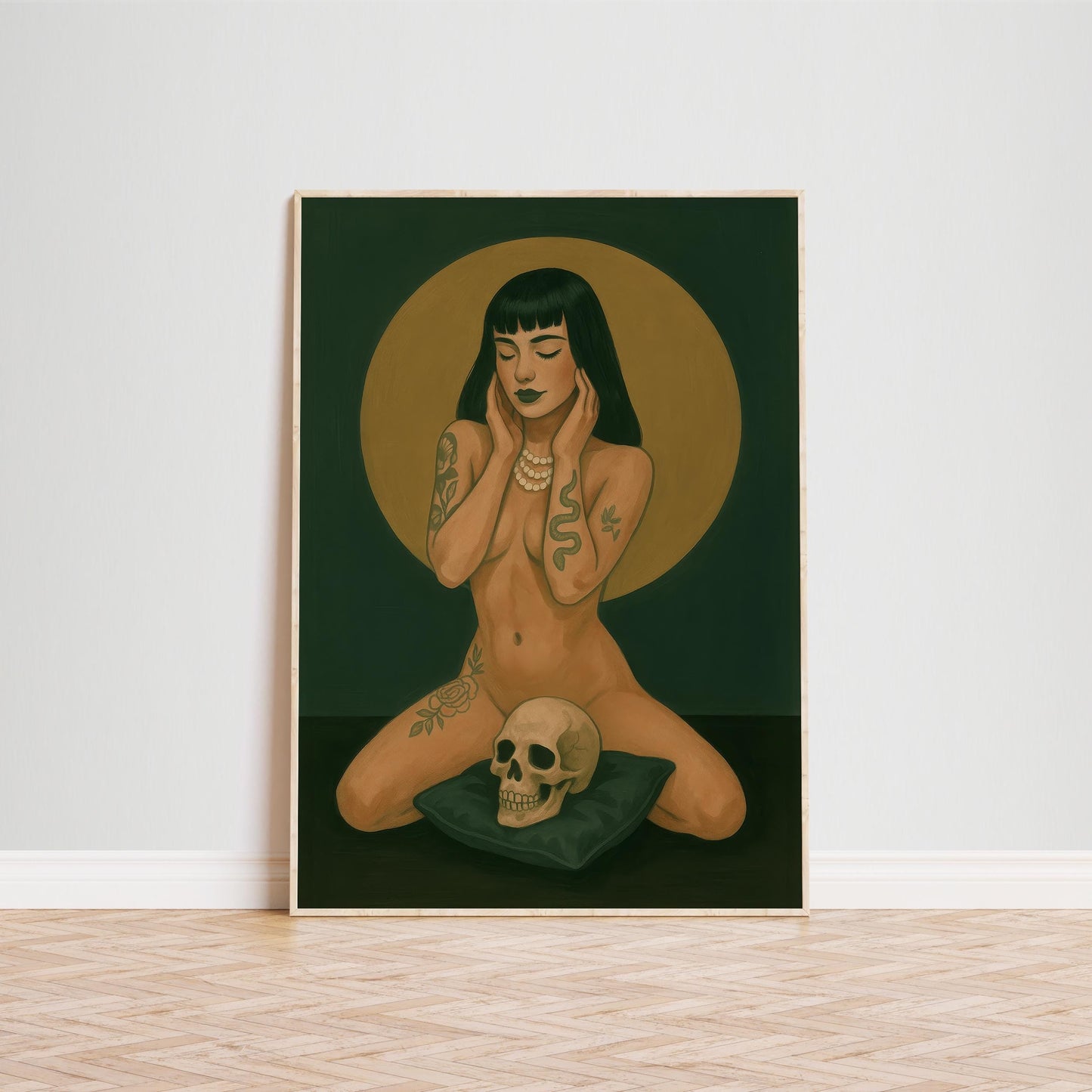 Dark Academia Wall Art – Tattooed Woman Print with Skull Gothic Decor