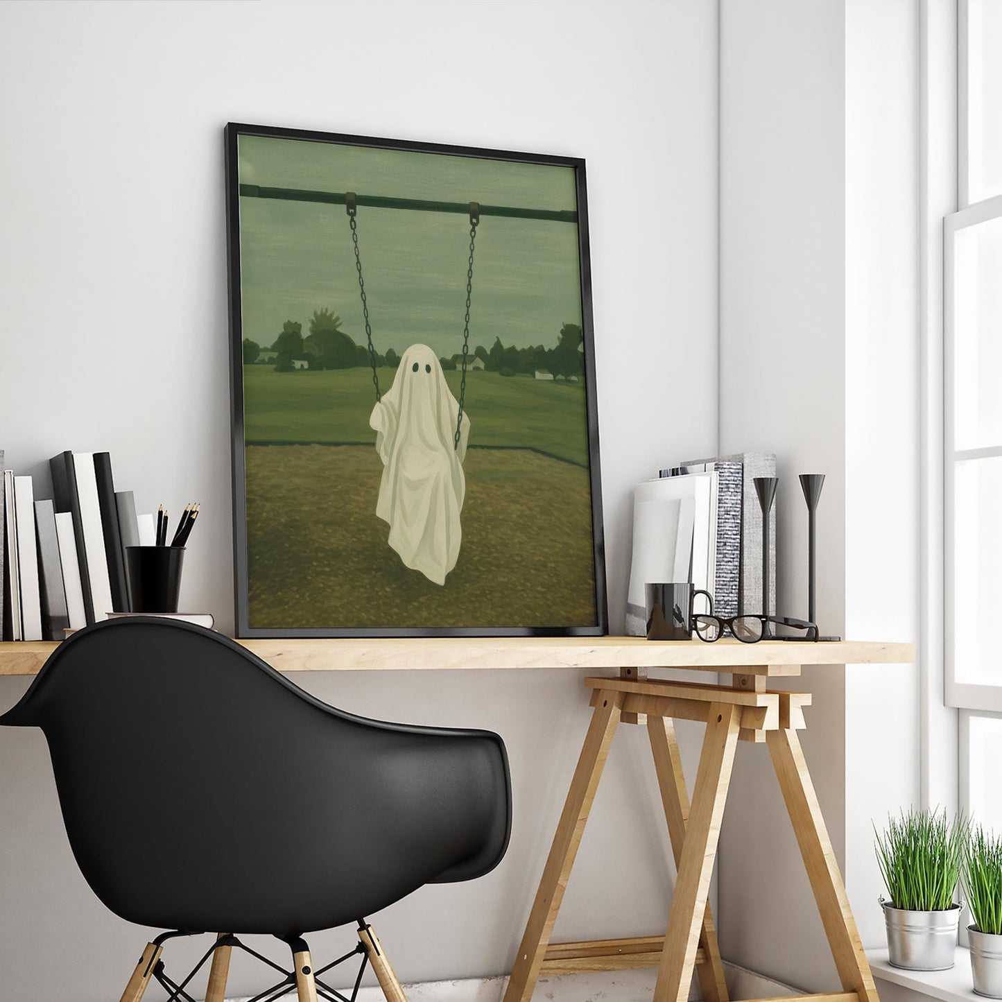 Spooky Wall Art – Minimalist Ghost Swing Print | Gothic Bedroom Decor
