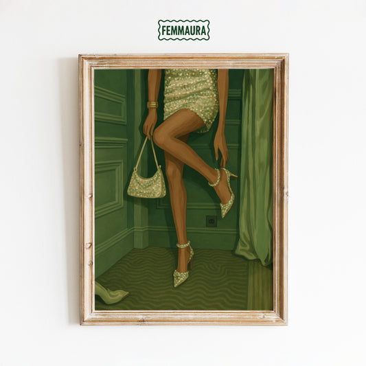 Feminine Wall Art – Glam Legs Artwork in Green Tone Poster with Pearl Dress Print