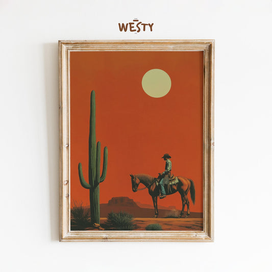 Cowboy and Cactus Poster – Western Desert Sunset Print