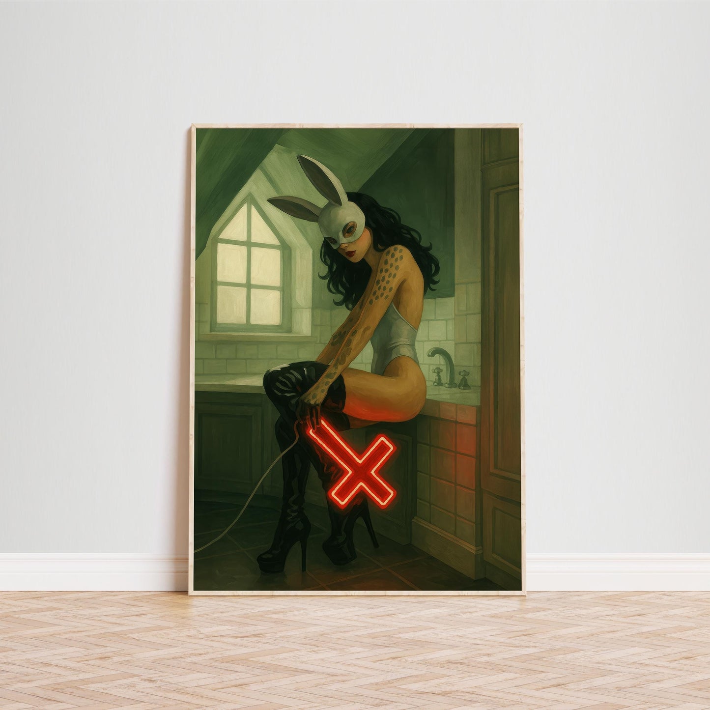 Bunny Mask Art Print – Neon Cross Retro Woman Poster | Edgy Alternative Wall Decor