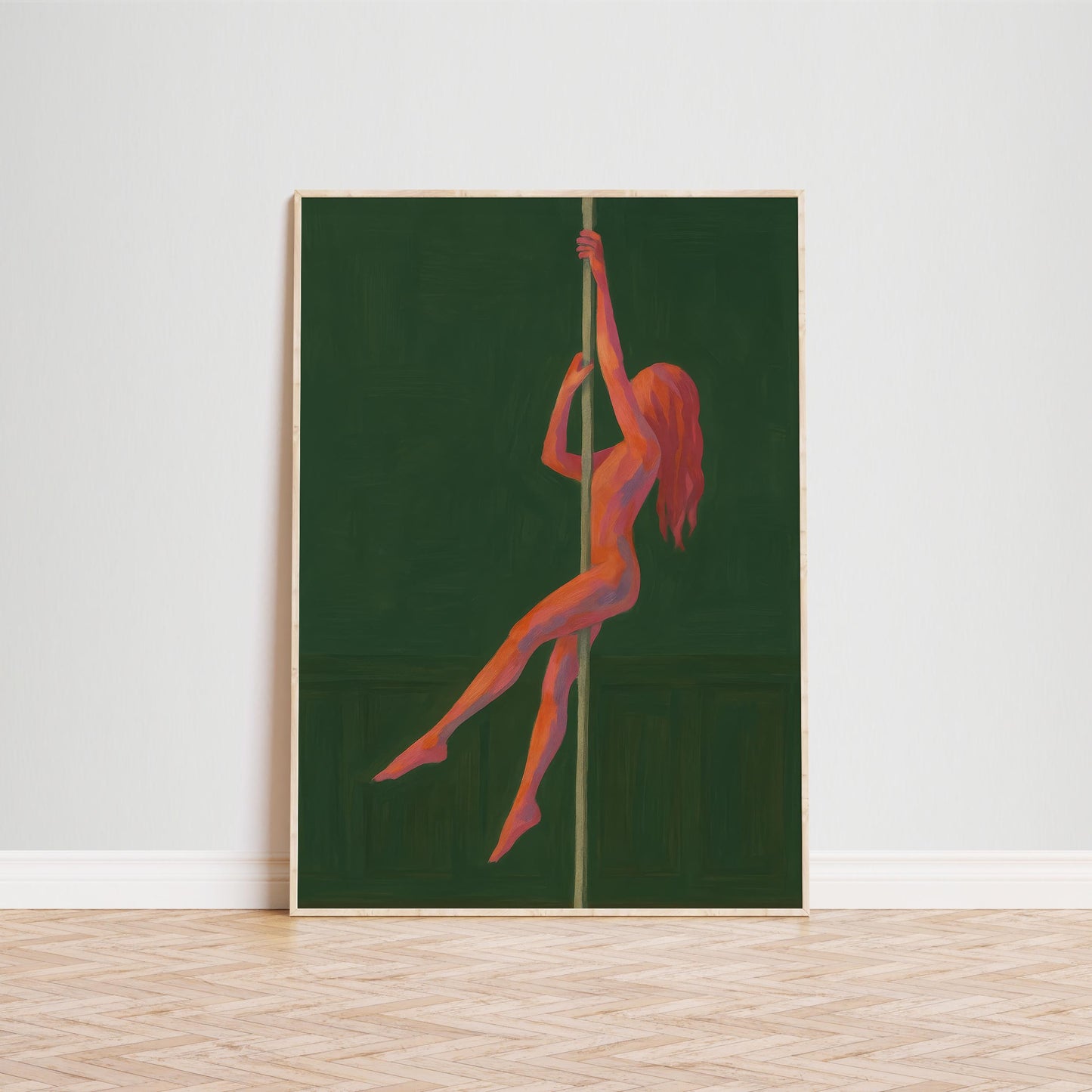 Pole Dancer Art Print – Minimalist Retro Nude Illustration | Bold Green Wall Decor