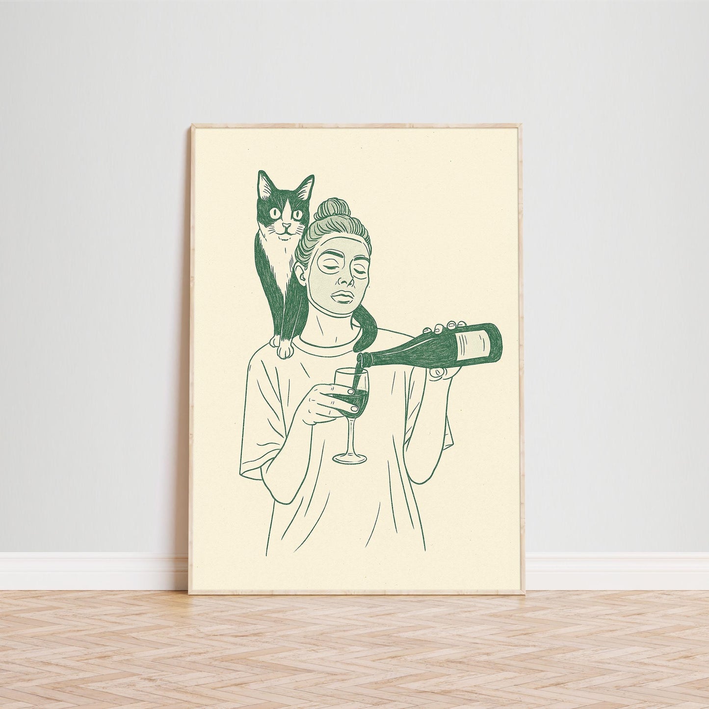 Cat and Wine Line Art Print – Self Care Wall Art, Minimalist Home Decor Poster