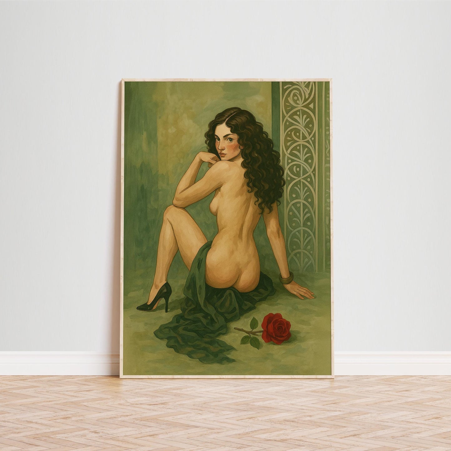 Vintage Nude Art Print – Sensual Woman Painting With Red Rose Illustration