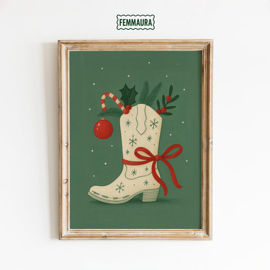 Cowgirl Christmas Poster – Rustic Cowboy Boot Wall Art | Festive Holiday Decor