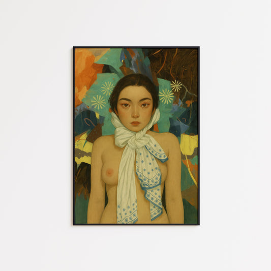 Surreal Nude Portrait – Feminine Art Print | Dreamy Scarf Fantasy Wall Decor