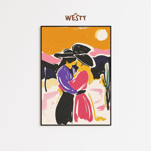 Sunset Cowgirls Kiss – Colorful Western Love Poster