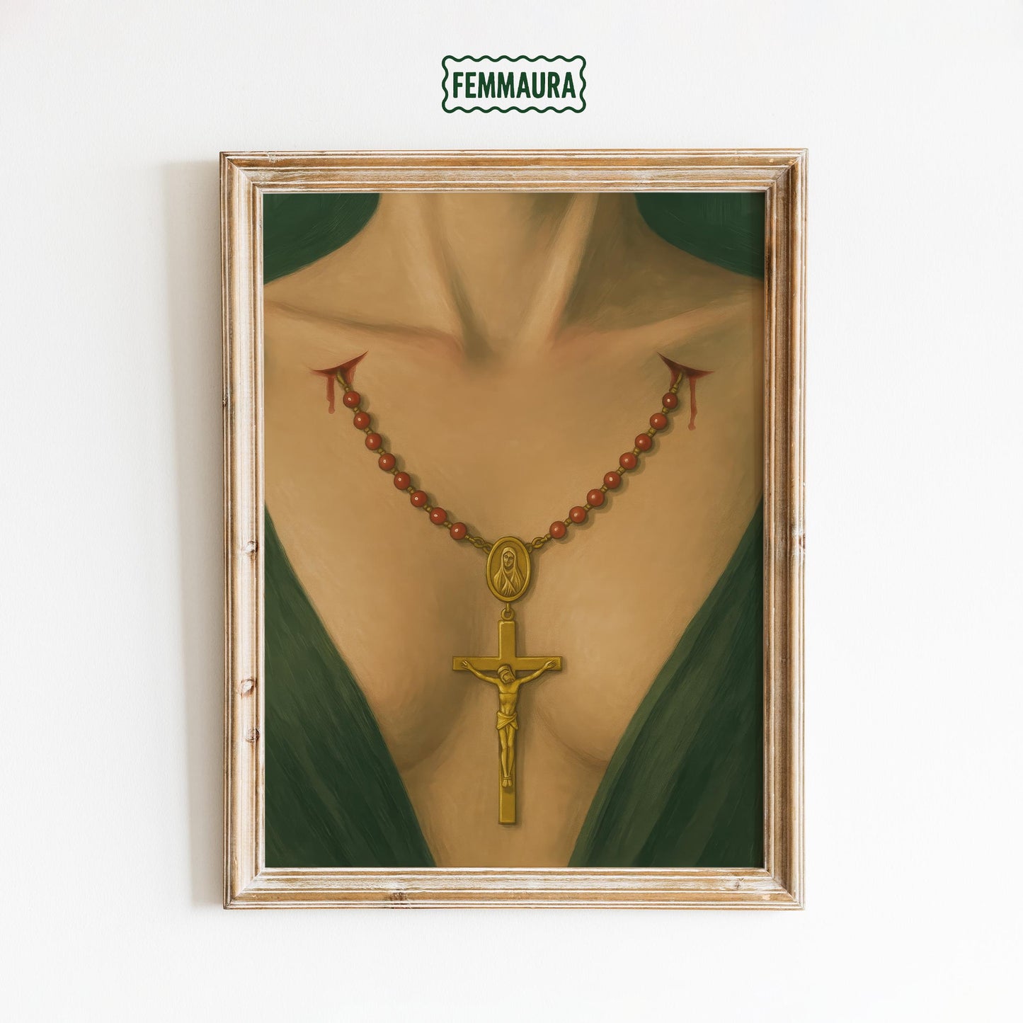 Provocative Religious Art – Rosary Art Print with Gold Crucifix and Sensual Gothic Imagery