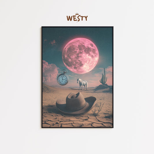 Pink Moon Desert Cowboy – Surreal Western Dreamscape Poster