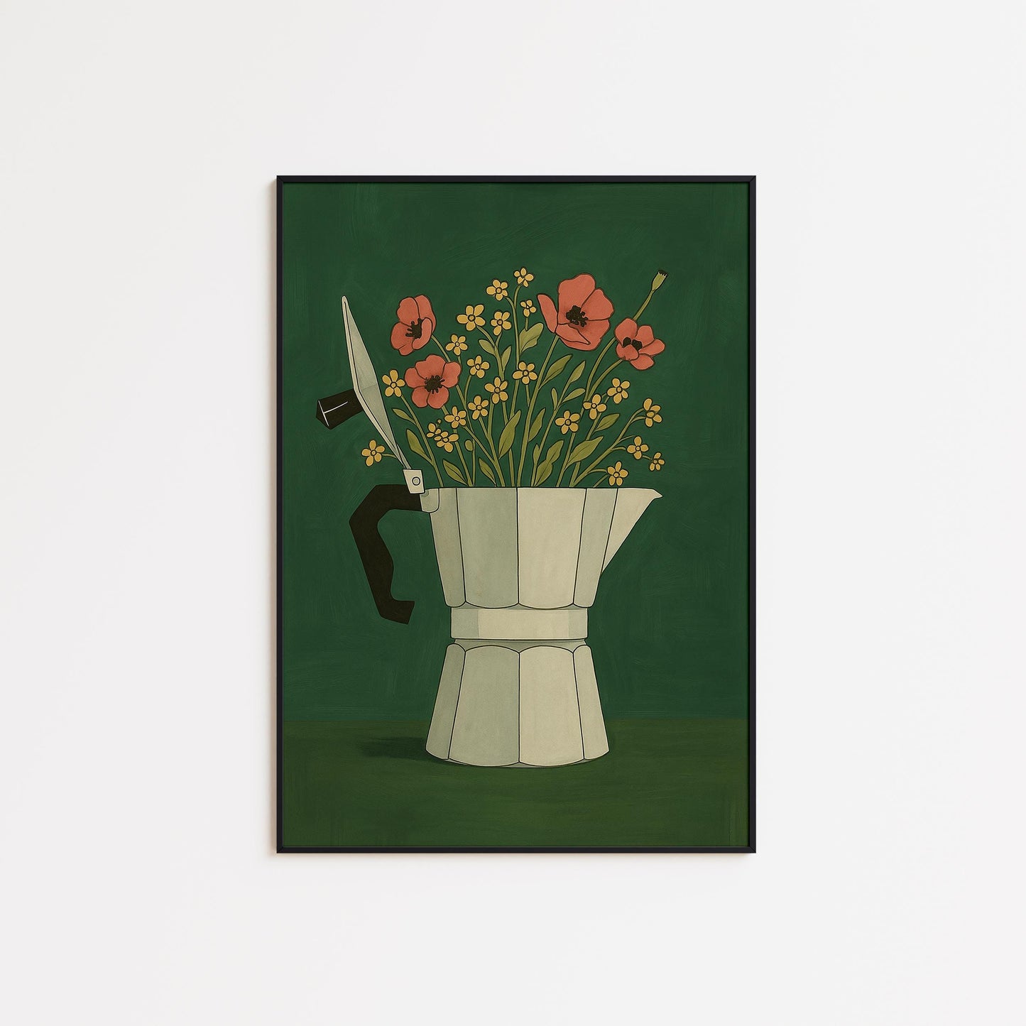 Moka Pot Poster – Vintage Coffee Art with Floral Coffee Print Vase Design