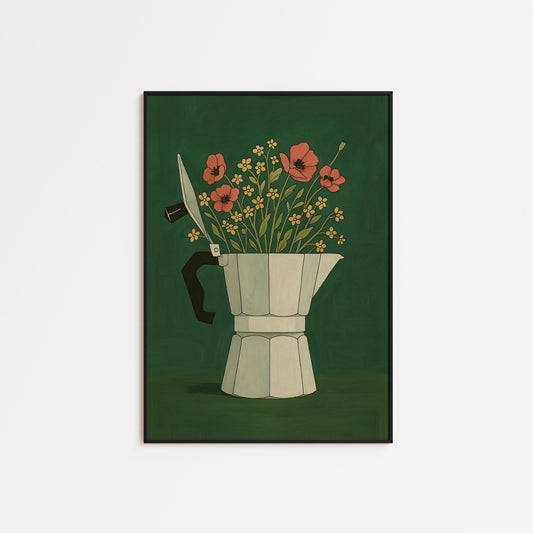 Moka Pot Poster – Vintage Coffee Art with Floral Coffee Print Vase Design