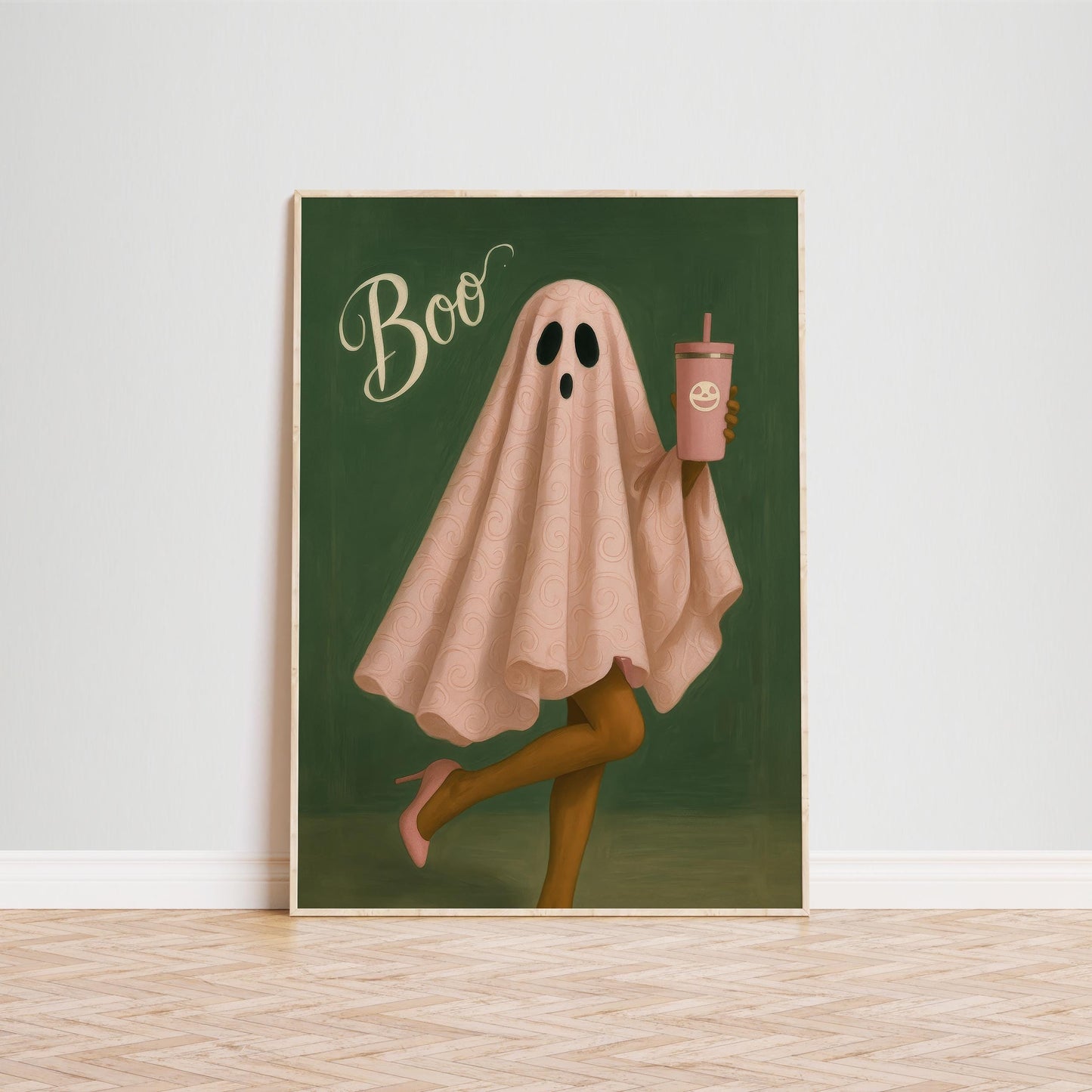 Pink Ghost Wall Art – Whimsical Halloween Decor, Cute Spooky Poster Print