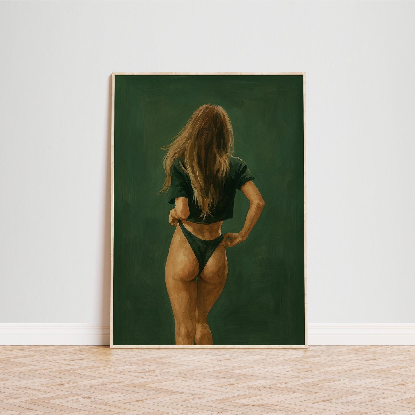 Minimal Feminine Wall Art – Elegant Nude Painting With Green Background