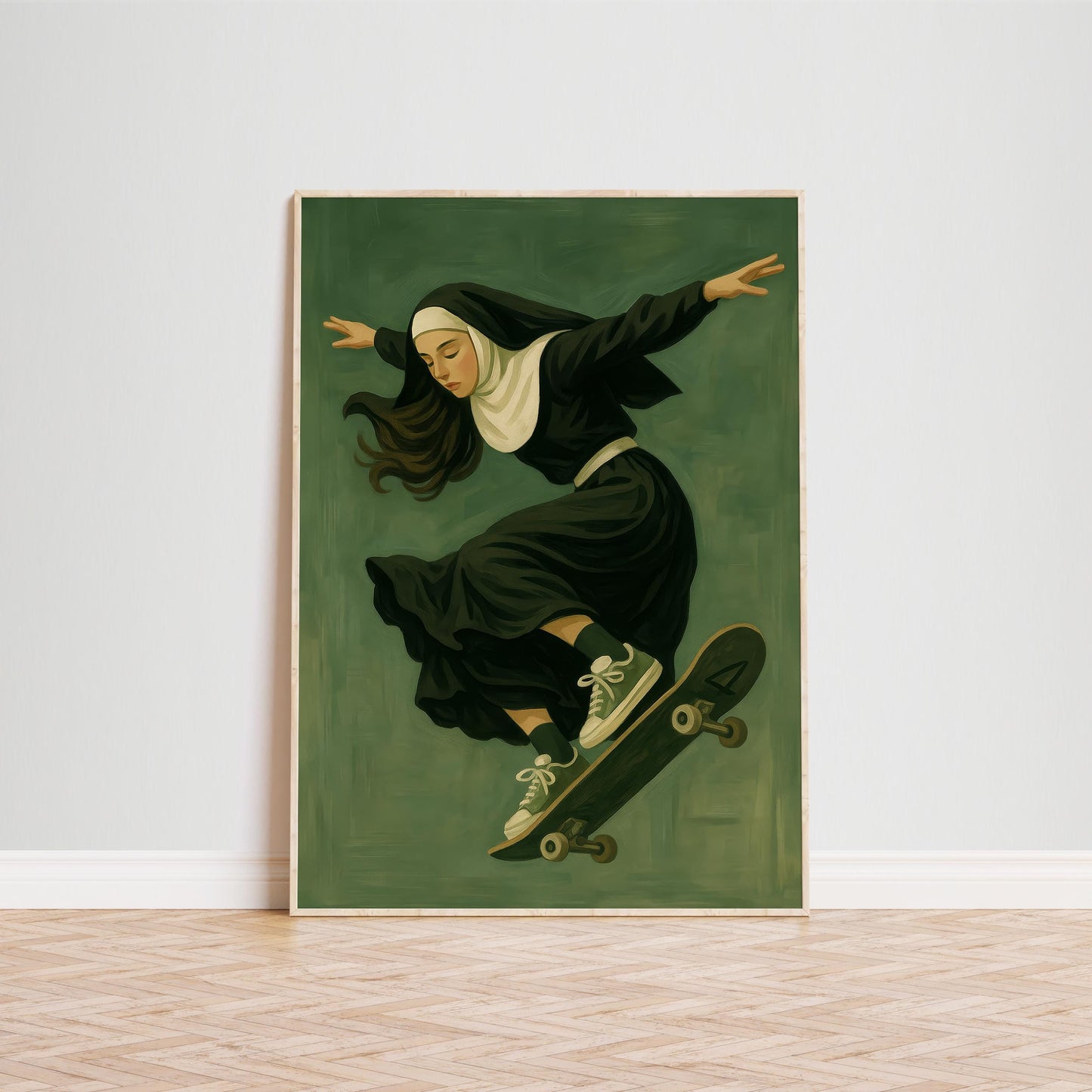 Rebel Nun Wall Art – Surreal Skateboard Print | Bold Gothic Decor