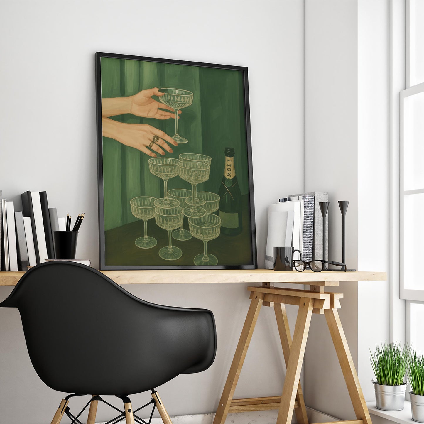 Champagne Glass Poster – Feminine Bar Art with Moët Bottle | Luxe Party Print