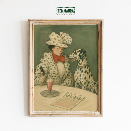Vintage Woman Art Print – Retro Wall Decor | Dalmatian Art Poster, Olive Green