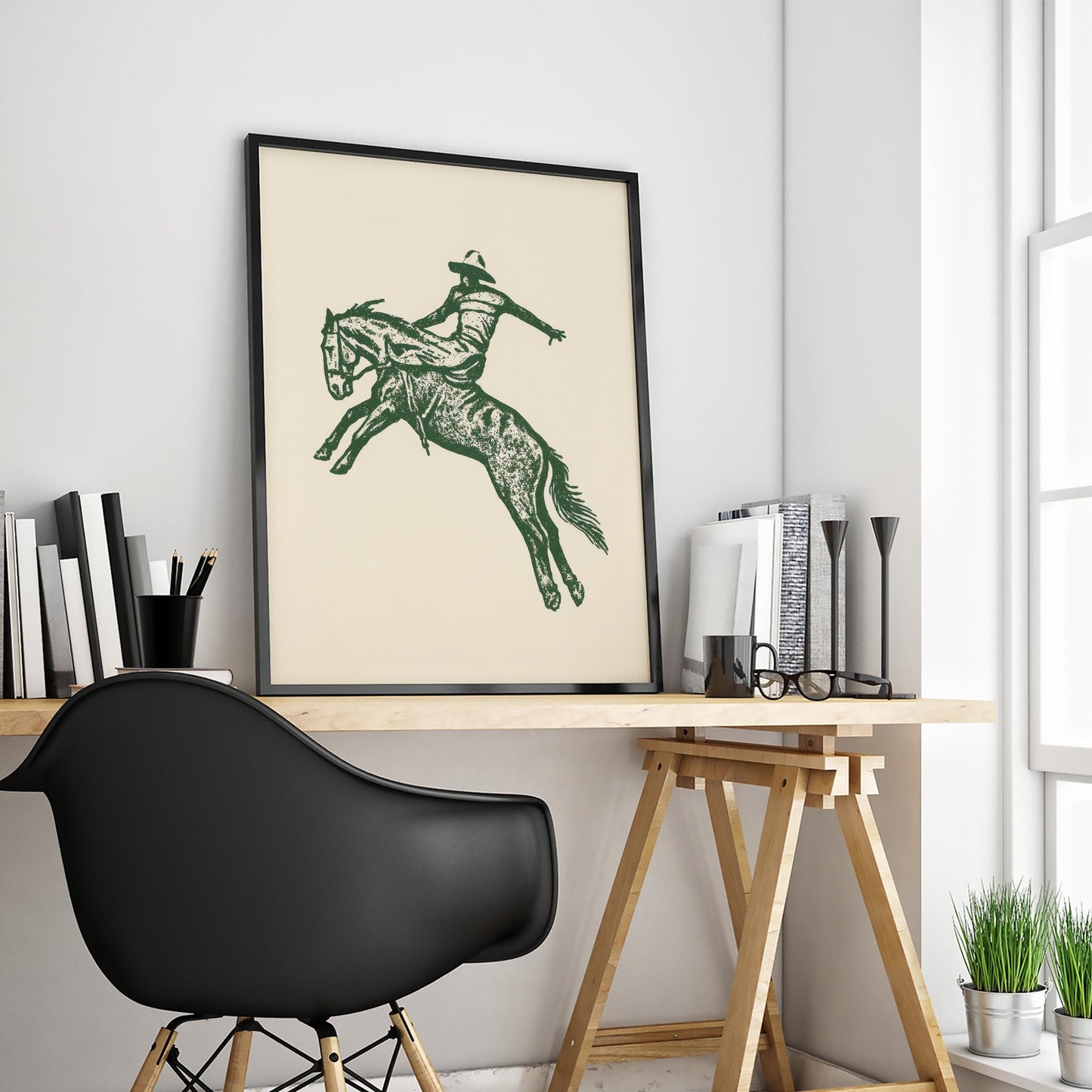 Western Cowboy Rodeo Art Print – Vintage Bronco Silhouette in Forest Green
