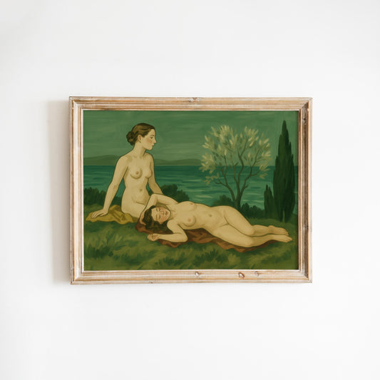 Romantic Feminine Art Print – Nude Women Painting With Soft Green Forest Wall Decor