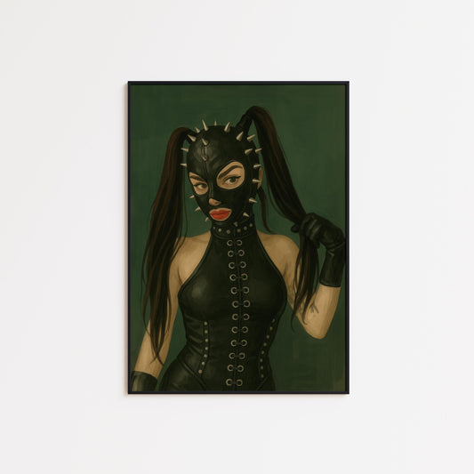 BDSM Fetish Art Print – Bold Retro Woman Poster | Edgy Green Wall Decor
