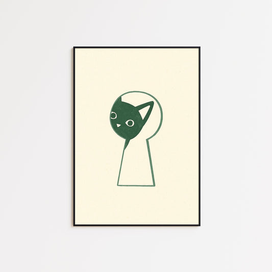 Keyhole Cat – Minimal Line Art Poster, Playful Modern Home Wall Print