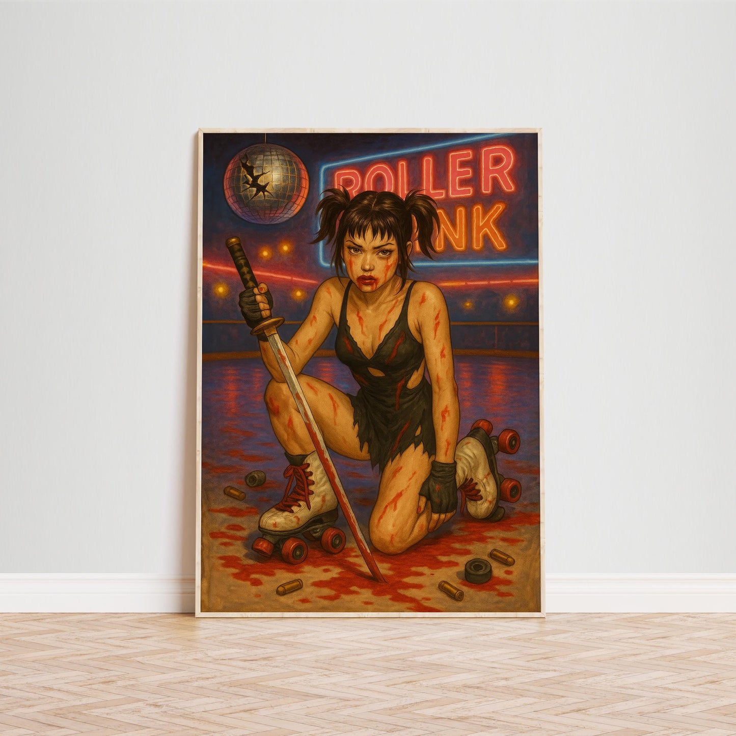 Femme Katana Art Print – Neon Punk Roller Rink Art | Silky Semi-Gloss Poster