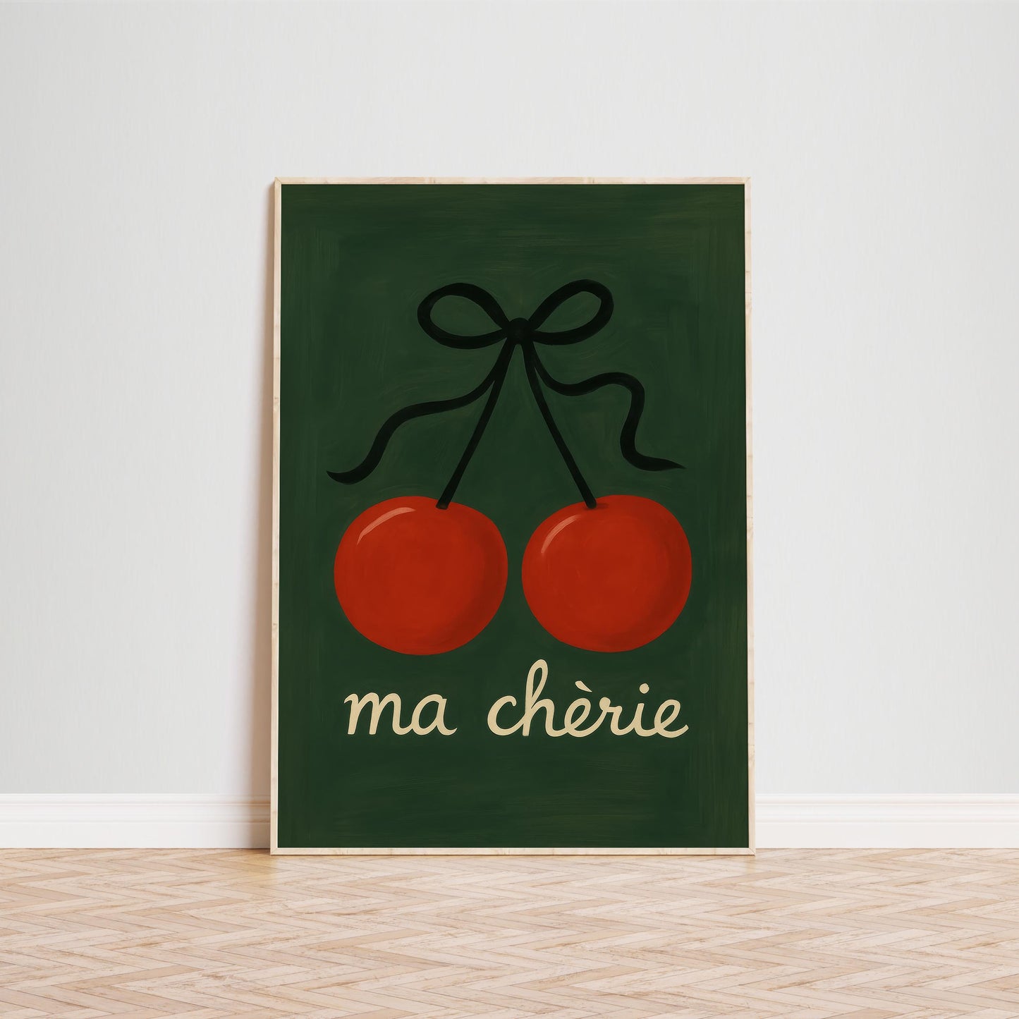 Cherry Wall Art – French Cherry Print Retro Fruit Poster With Elegant Script