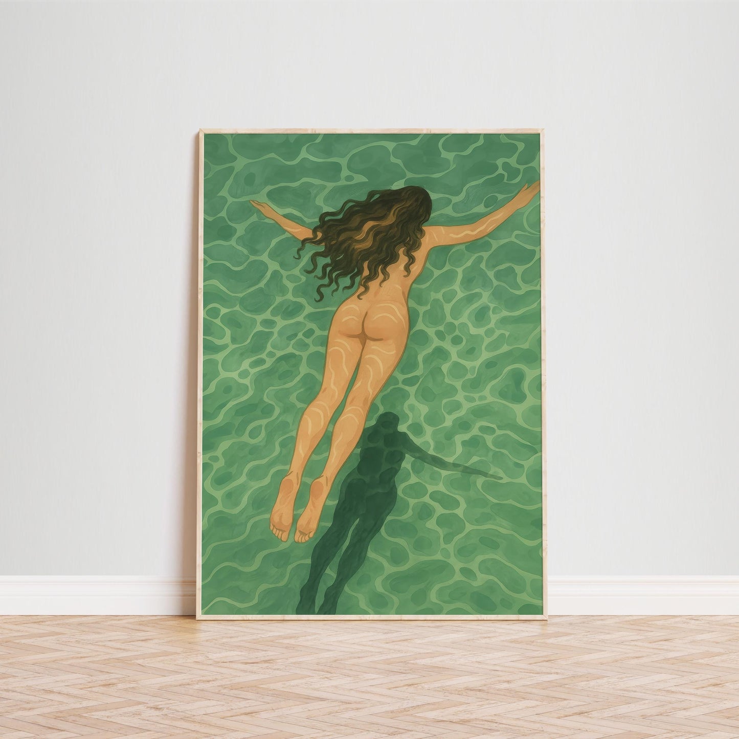 Minimalist Coastal Wall Art Featuring Nude Swimming Art Print – Serene Green Palette