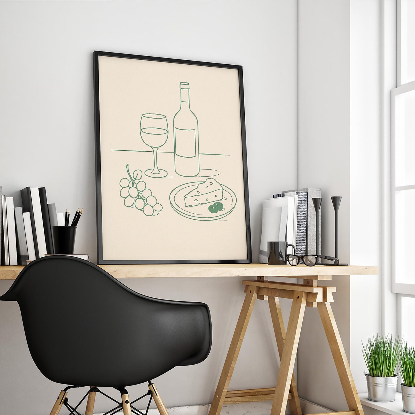 Wine and Cheese Line Art Print – Minimalist Kitchen Wall Art, Neutral Dining Decor