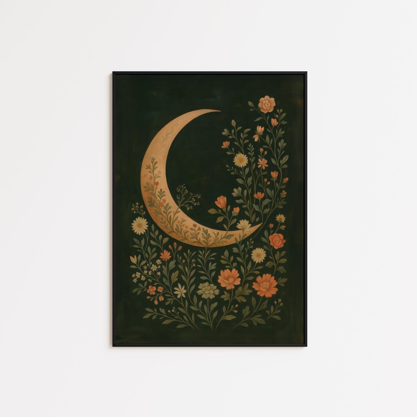 Floral Crescent Moon Botanical Wall Art – Dark Folk Decor, Ethereal Design