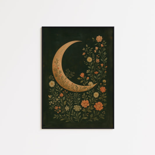 Floral Crescent Moon Botanical Wall Art – Dark Folk Decor, Ethereal Design