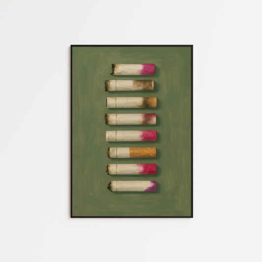 Lipstick Cigarette Butts Poster – Gritty Feminine Wall Art in Moody Green
