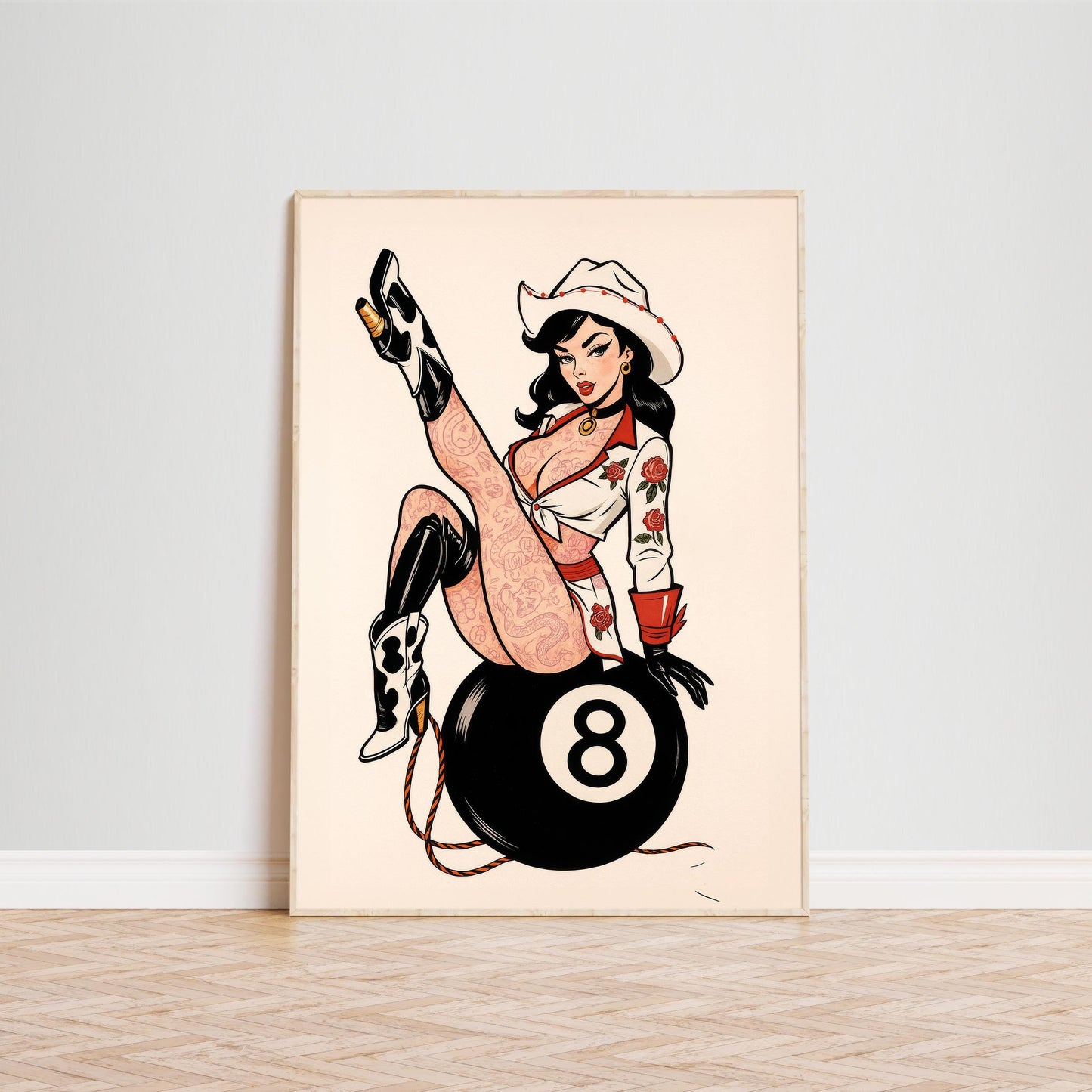Retro Cowgirl Art – Bold Western Pinup Poster | Vintage 8 Ball Artwork