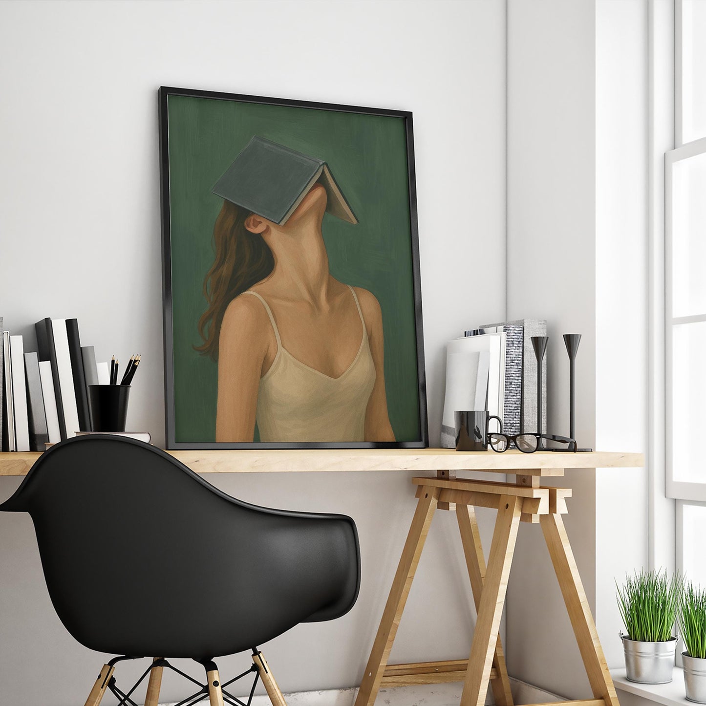 Feminine Surreal Wall Art – Dreamy Dark Green Gouache Painting Poster