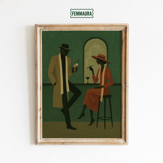 Vintage Bar Poster – Noir Art Print | Retro Couple, Moody Green Wall Decor
